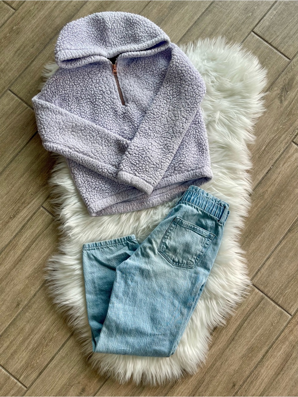 Cozy Lavender Sherpa Quarter-Zip Pullover + Denim Jeans
